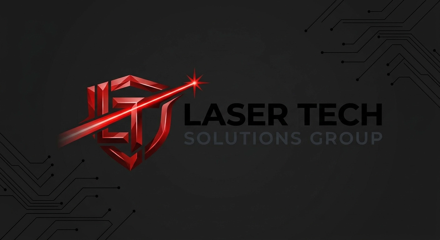 Laser Tech Solutions Group red hexagonal mark with a laser beam across a dark circuit-board banner